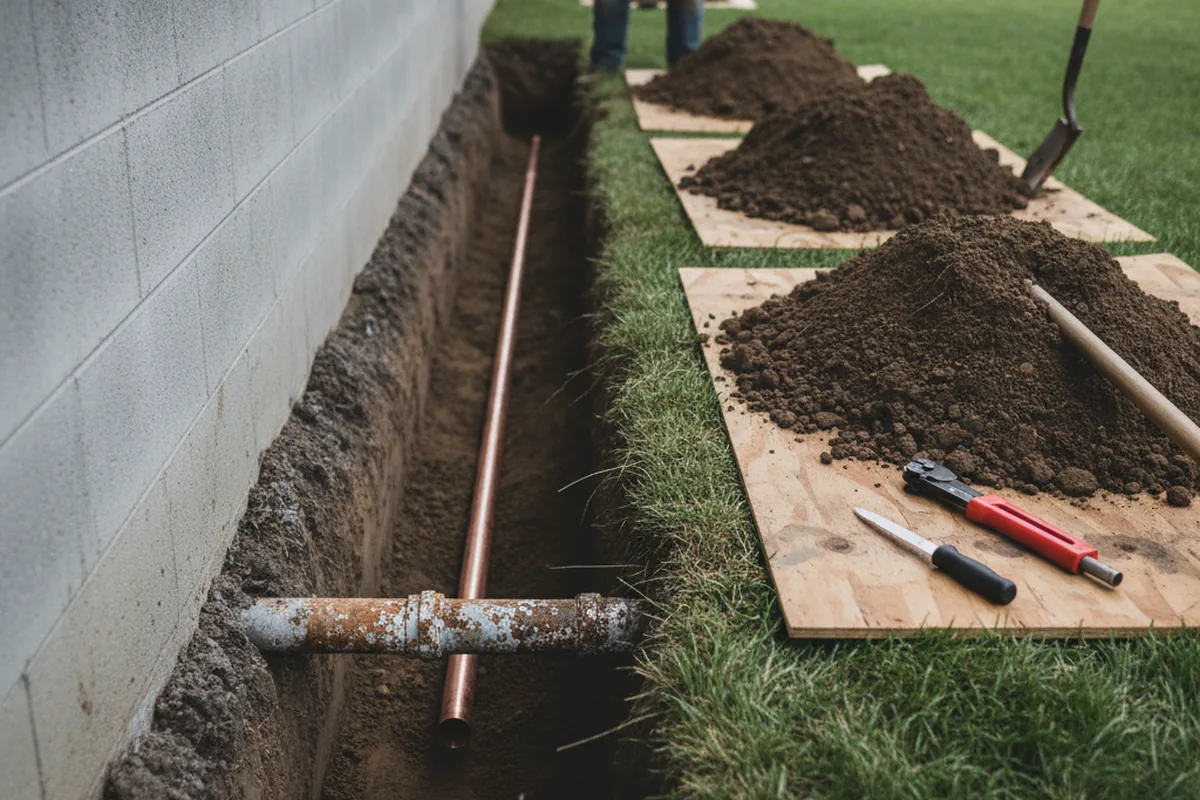 Excavated water line trench during Sewer Line Repair in Provo